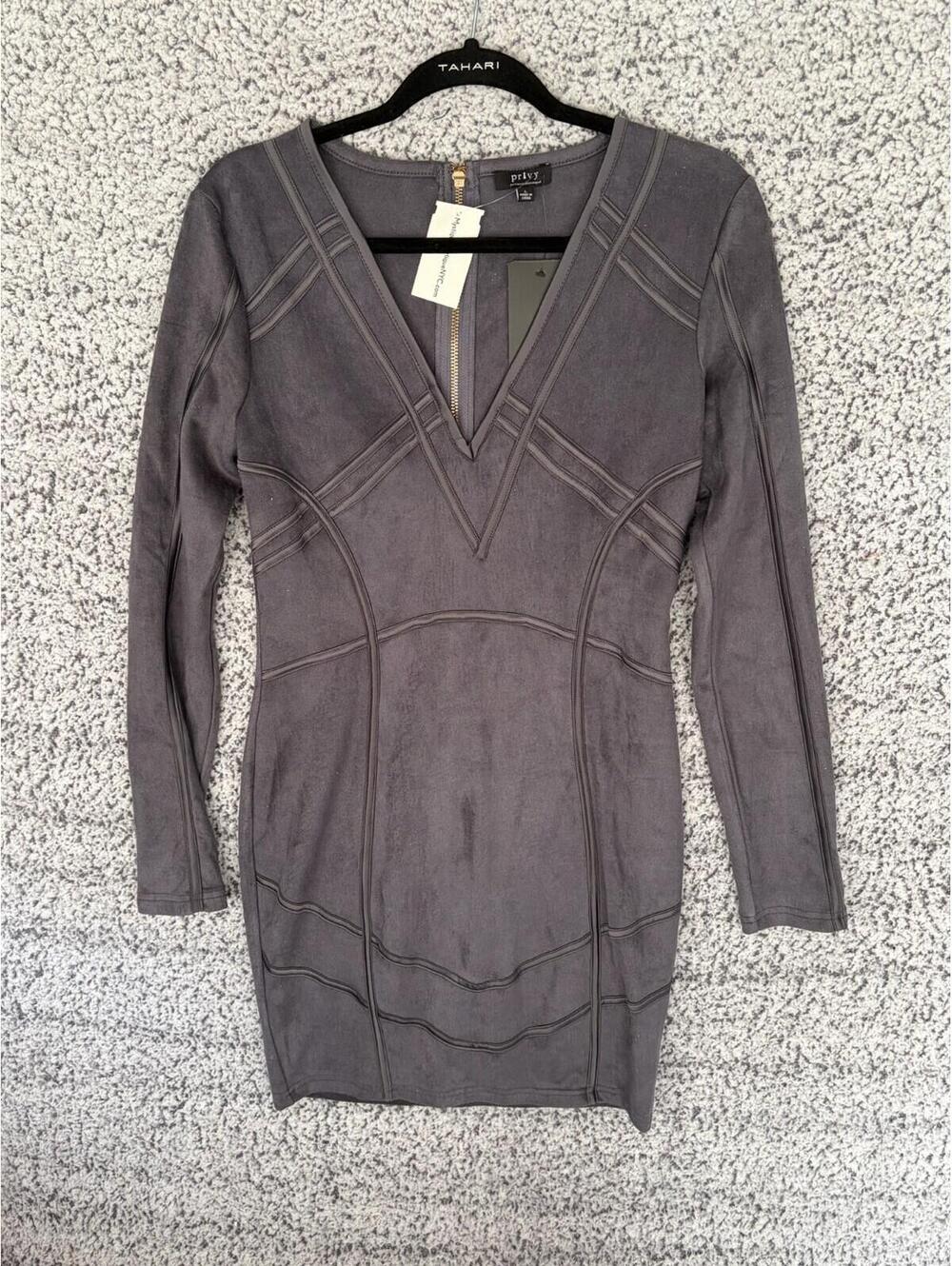 Privy Faux Suede Bodycon Dress Gray Long Sleeve V Neck Size Large NWT